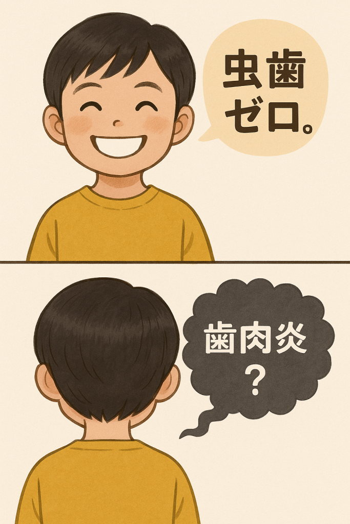 2コマ構成のイラスト。上段は正面を向いて笑顔の子どもと「虫歯ゼロ」の吹き出し。下段は後ろ姿の子どもに「歯肉炎？」の吹き出しが忍び寄る様子。Two-panel illustration. The top shows a smiling child facing forward with a speech bubble saying "Cavity-free." The bottom shows the child's back with a speech bubble reading "Gingivitis?" approaching stealthily.