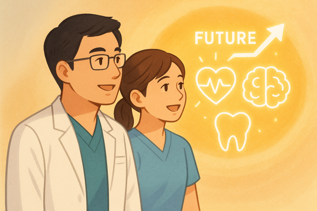 歯科医師と歯科衛生士が並んで未来を見つめるイラスト。背景には「FUTURE」の文字と心臓・脳・歯のアイコン、上昇する矢印が描かれ、歯科医療が全身の健康に関わる未来予測の重要性を示していますAn illustration of a dentist and dental hygienist looking toward the future. In the background, the word “FUTURE” appears alongside icons of a heart, brain, and tooth, with an upward arrow—highlighting the importance of dentistry in predicting and supporting whole-body health.
