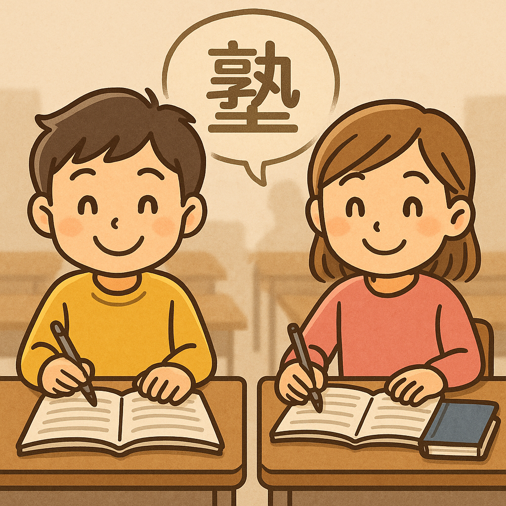 塾で勉強している小学生の男の子と女の子。机に向かい、集中してノートに書き込んでいる様子。A young boy and girl, both elementary school students, studying together at a cram school, focused on writing in their notebooks.